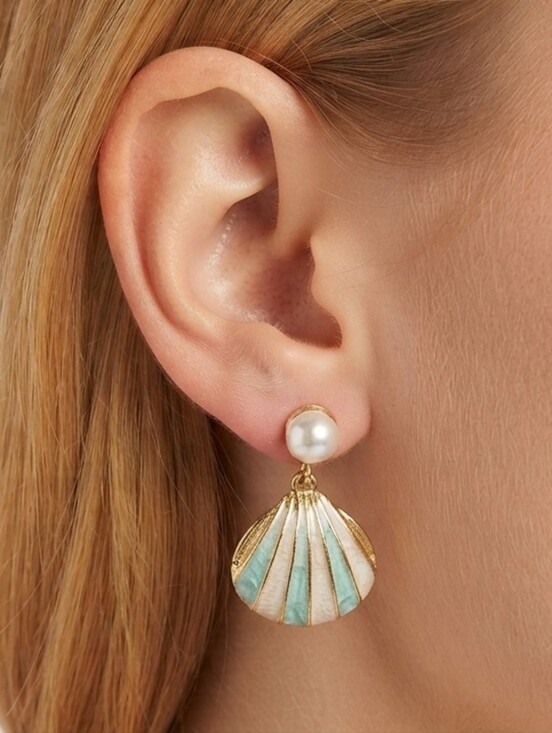 Jewelry - Pearl  Gold Mint Blue Shell Drop Earrings Preppy Summer Vacation Feminine 80s